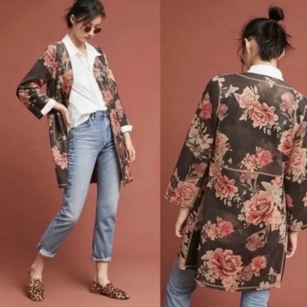 Anthropologie Solitaire Floral Faux Suede Open Duster Jacket Boho Coat Small NWT